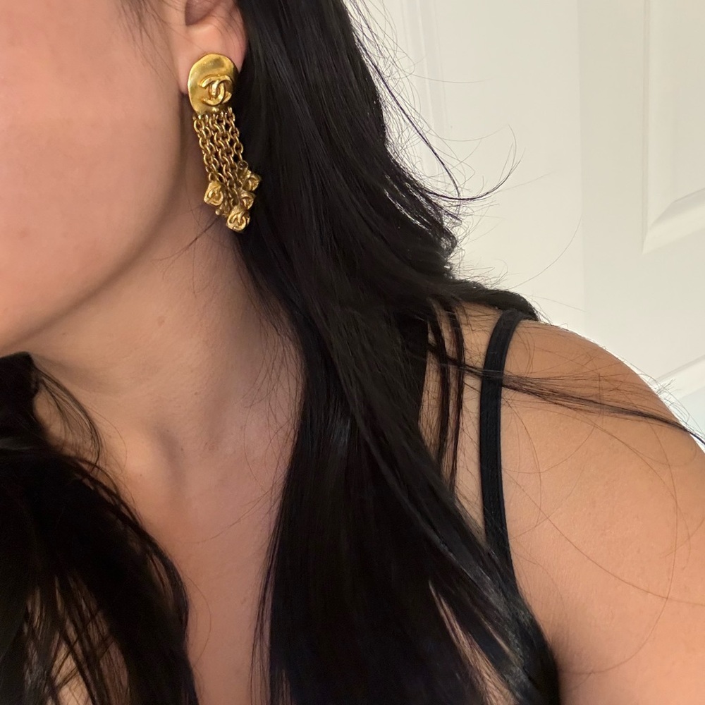 CHANEL Vintage Gold CC Logos Chain Dangle Clip On Statement Earrings